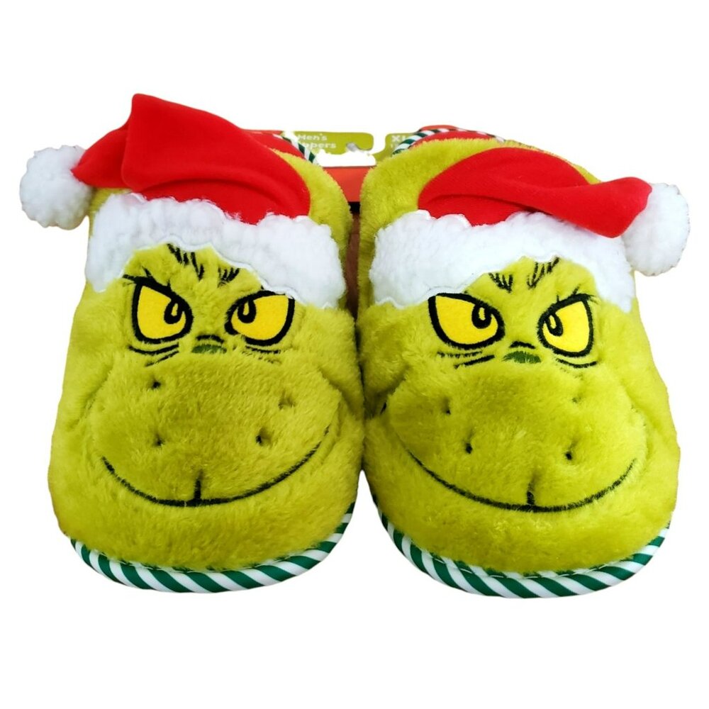New Grinch Santa Slippers Green Red Plush Christmas House Shoes Mens Large 11/12 - Picture 3 of 11